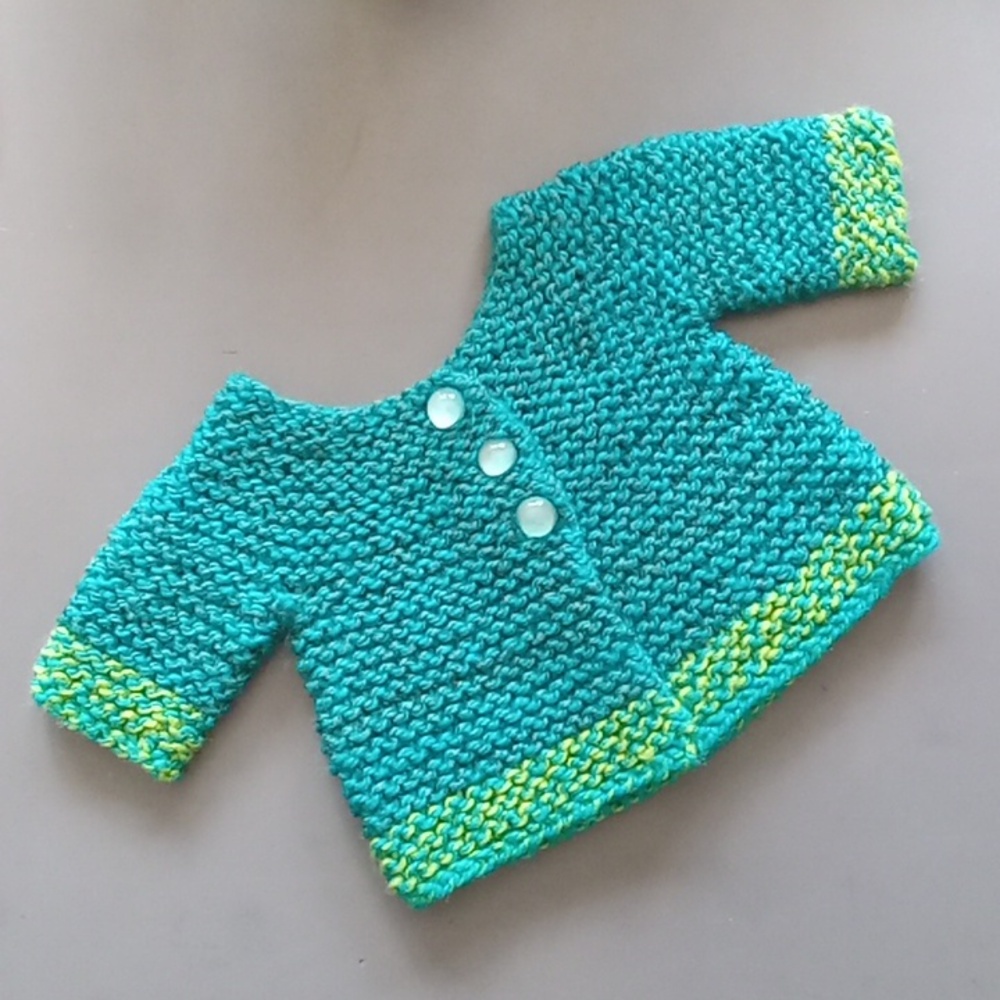 Handmade Handknit Baby Turquoise Blue & Lime Green Cardigan Sweater Newborn